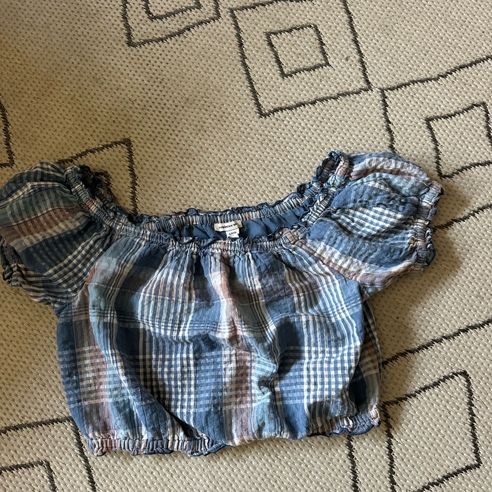 Off shoulder plaid peasant blouse